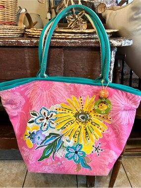 Vintage Y2K Heidi Dobrott Tote D'Arte Canvas Beach Bag Floral Sequin Boho Pink